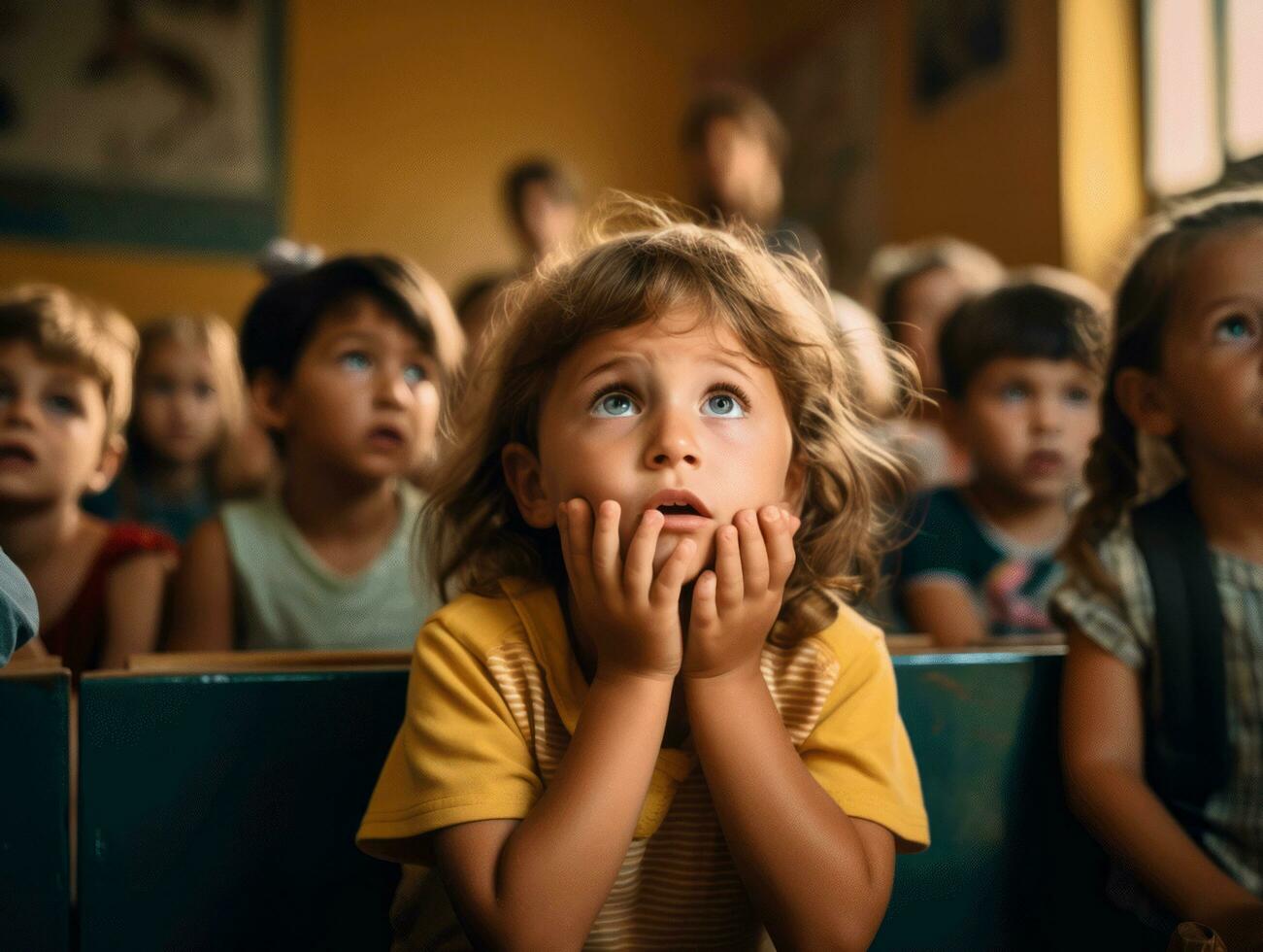 foto van emotioneel dynamisch houding Braziliaans kind in school- ai generatief