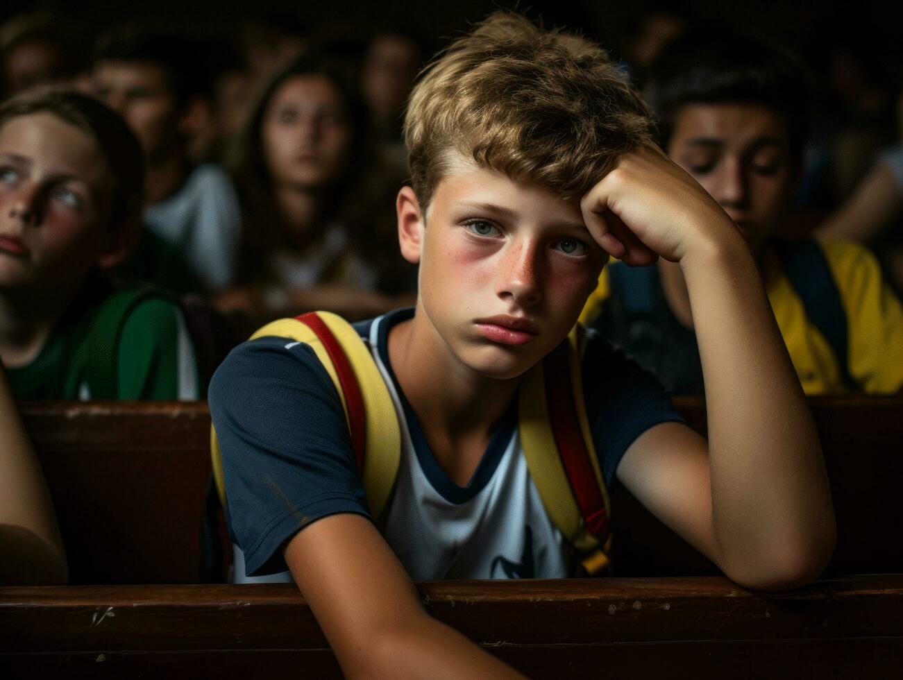 foto van emotioneel dynamisch houding Braziliaans kind in school- ai generatief