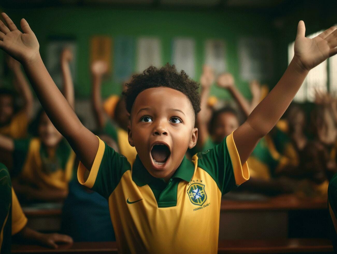 foto van emotioneel dynamisch houding Braziliaans kind in school- ai generatief