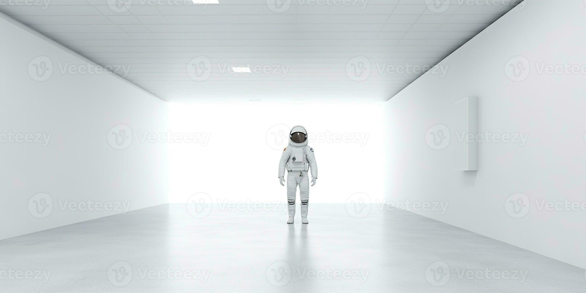 ai gegenereerd. ai generatief. astronaut in wit leeg kamer. minimaal ruimte avonturen pak visie. grafisch kunst foto
