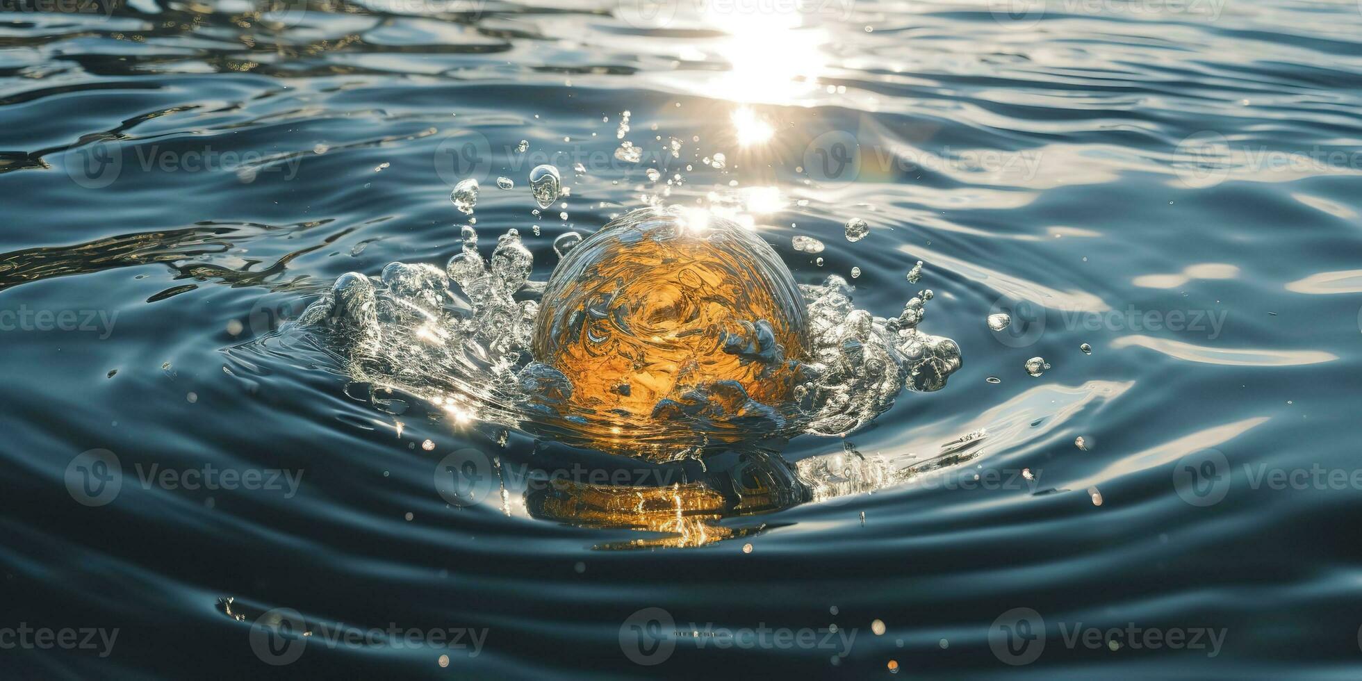 ai gegenereerd. ai generatief. glas bal vallen in de water met veel plons in de omgeving van. grafisch decoratie achtergrond. grafisch kunst foto
