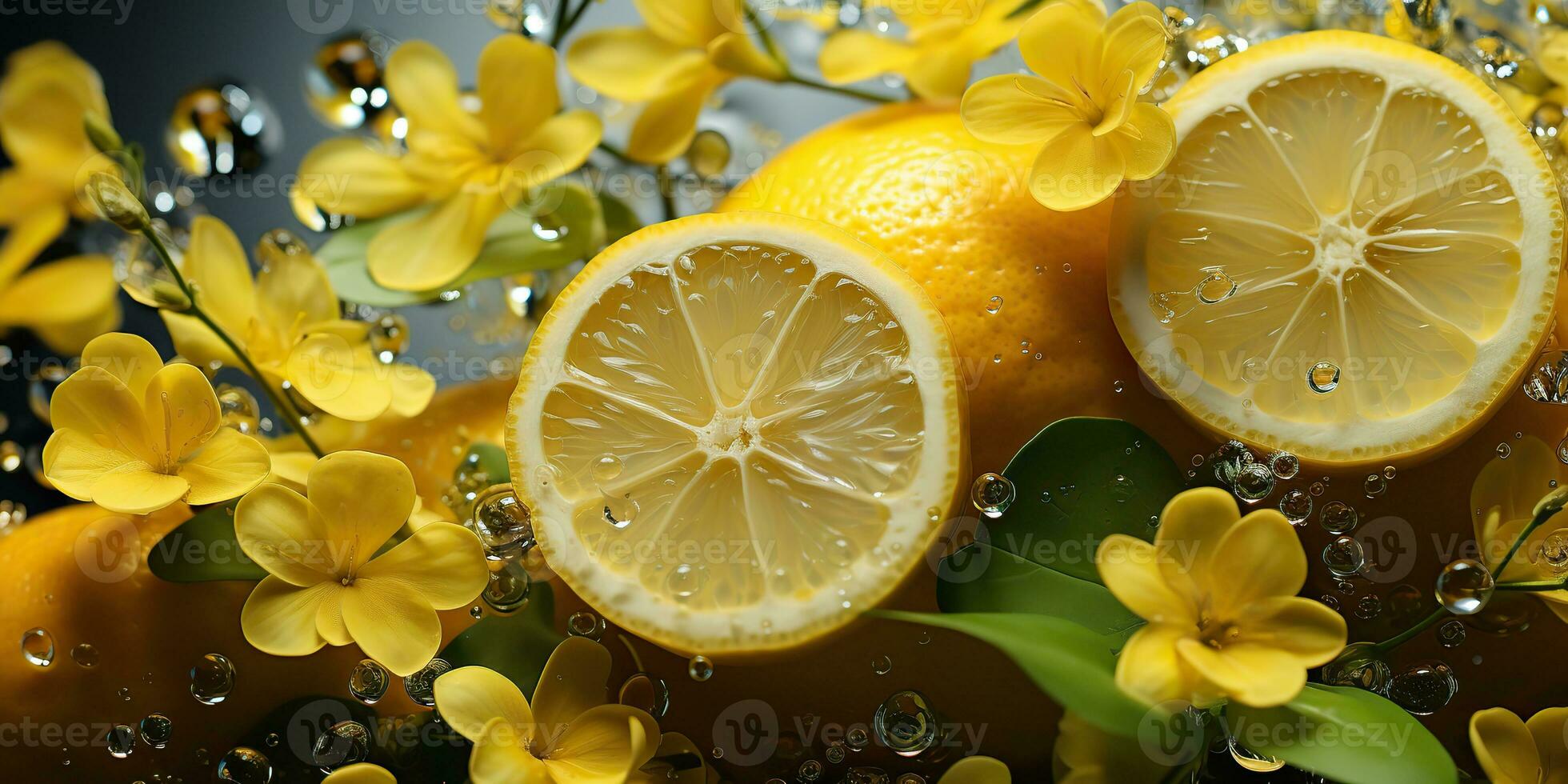 ai gegenereerd. ai generatief. natuur buitenshuis bloemen met citroen citrus en water. gezond decoratie achtergrond. grafisch kunst foto