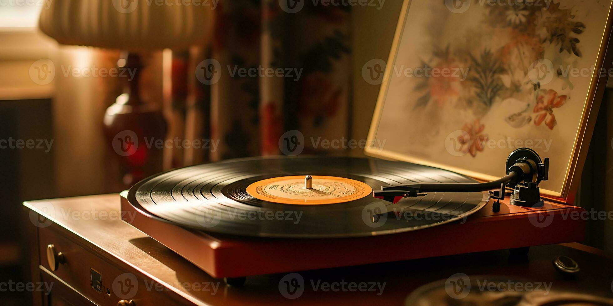 ai gegenereerd. ai generatief. retro wijnoogst antiek geluid muziek- audio vinyl speler Vermelding doos Bij knus huis. grafisch kunst foto