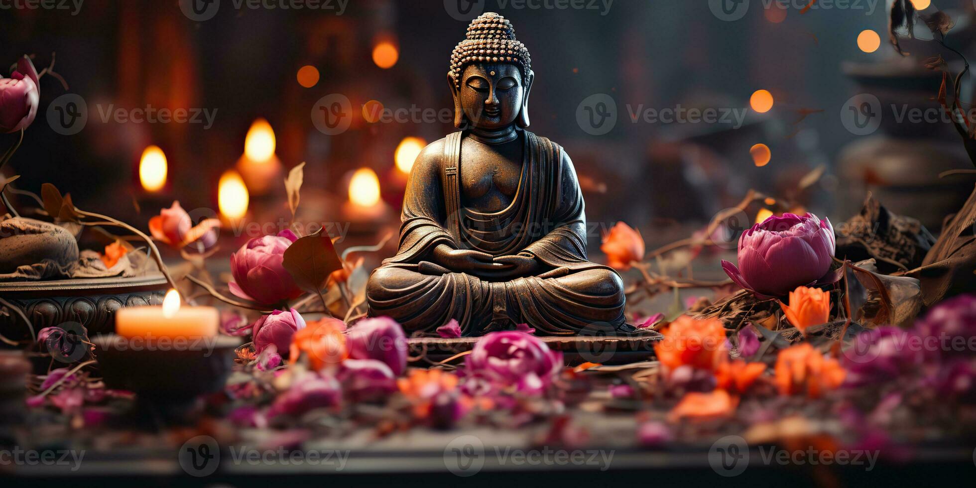 ai gegenereerd. ai generatief. cultuur geschiedenis Aziatisch Indisch religie Boeddha standbeeld figuur met natuur roze planten achtergrond. kalmte kom tot rust liefde vrede binnenste uitstraling. grafisch kunst foto