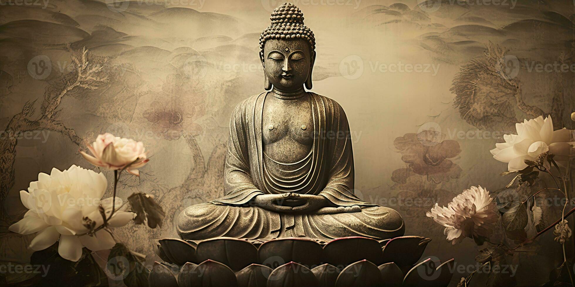 ai gegenereerd. ai generatief. cultuur geschiedenis Aziatisch Indisch religie Boeddha standbeeld figuur in oud wijnoogst retro antiek illustratie achtergrond. kalmte kom tot rust liefde vrede binnenste uitstraling. grafisch illustratie foto