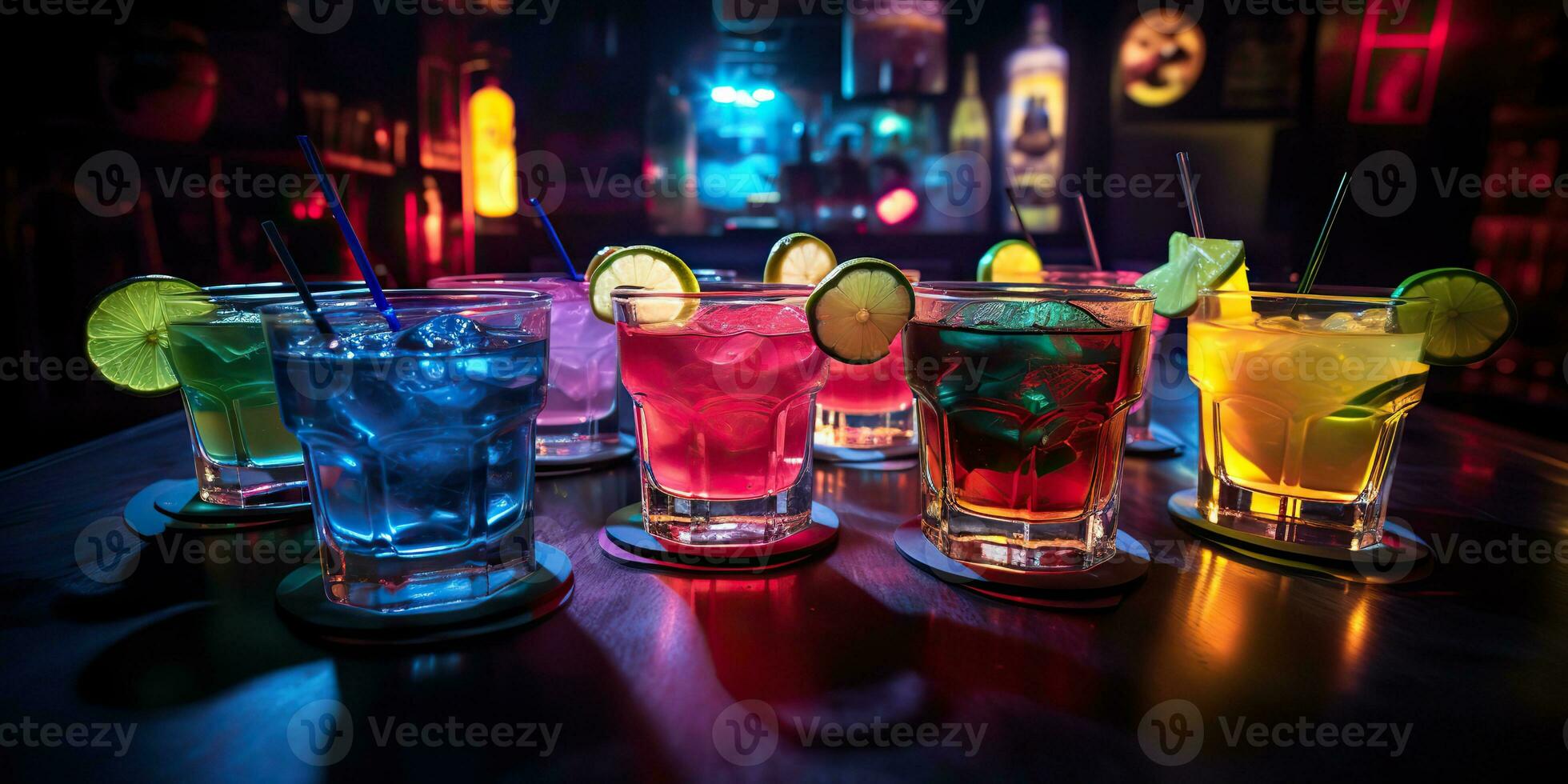 ai gegenereerd. ai generatief. neon gloeiend cocktail glas mok bar kroeg in synthwave cyberpunk opnieuw magnetron stijl. nacht leven partij alcohol drinken uitstraling. grafisch kunst foto