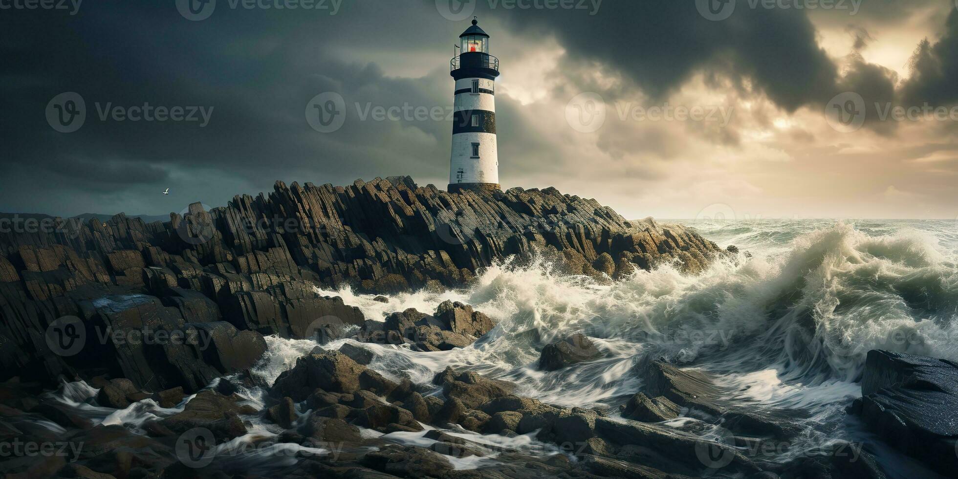 ai gegenereerd. ai generatief. nautische marinier marine landschap met vuurtoren Aan rots kust lijn met reusachtig golven. zee avonturen ontdekken. grafisch kunst foto