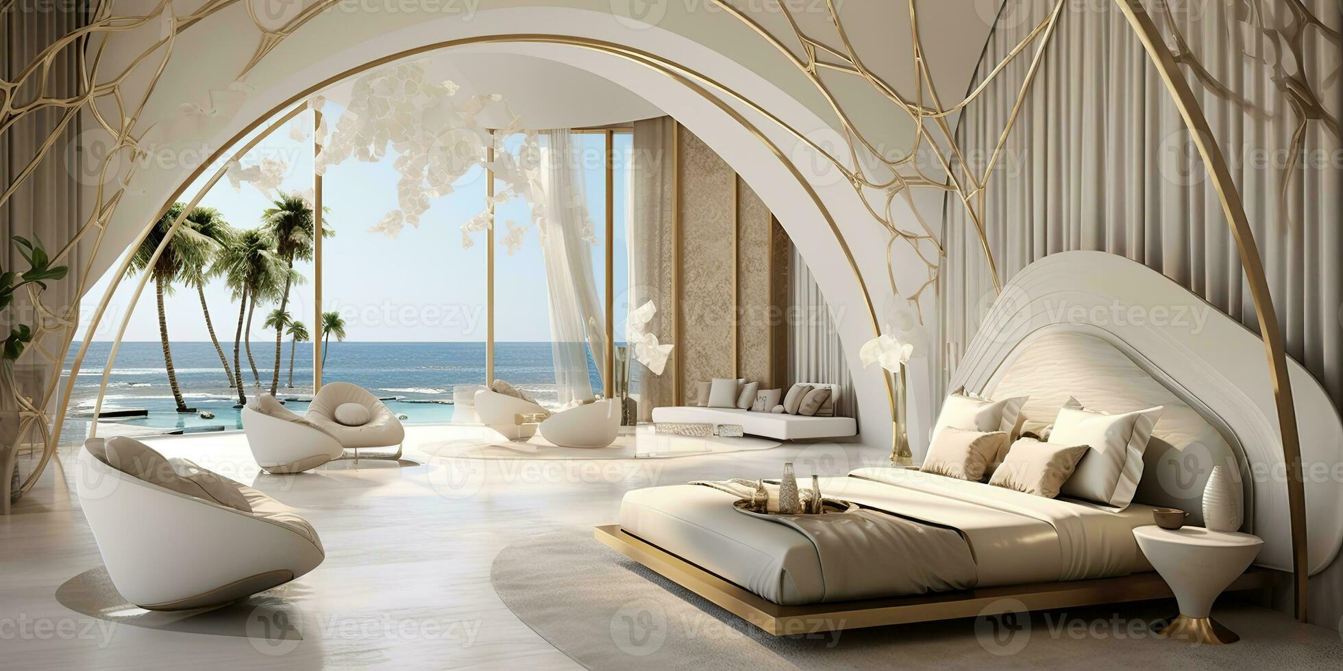 ai gegenereerd. ai generatief. luxe hotel toevlucht vakantie reis reizen avontuur qatar villa met zee oceaan visie. grafisch kunst foto