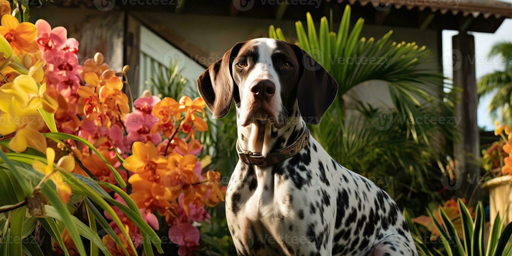 ai gegenereerd. ai generatief. Duitse kort haar- wijzer hond jager Bij tropisch bloemen planten tuin achtergrond. natuur buitenshuis wild landschap. grafisch kunst foto