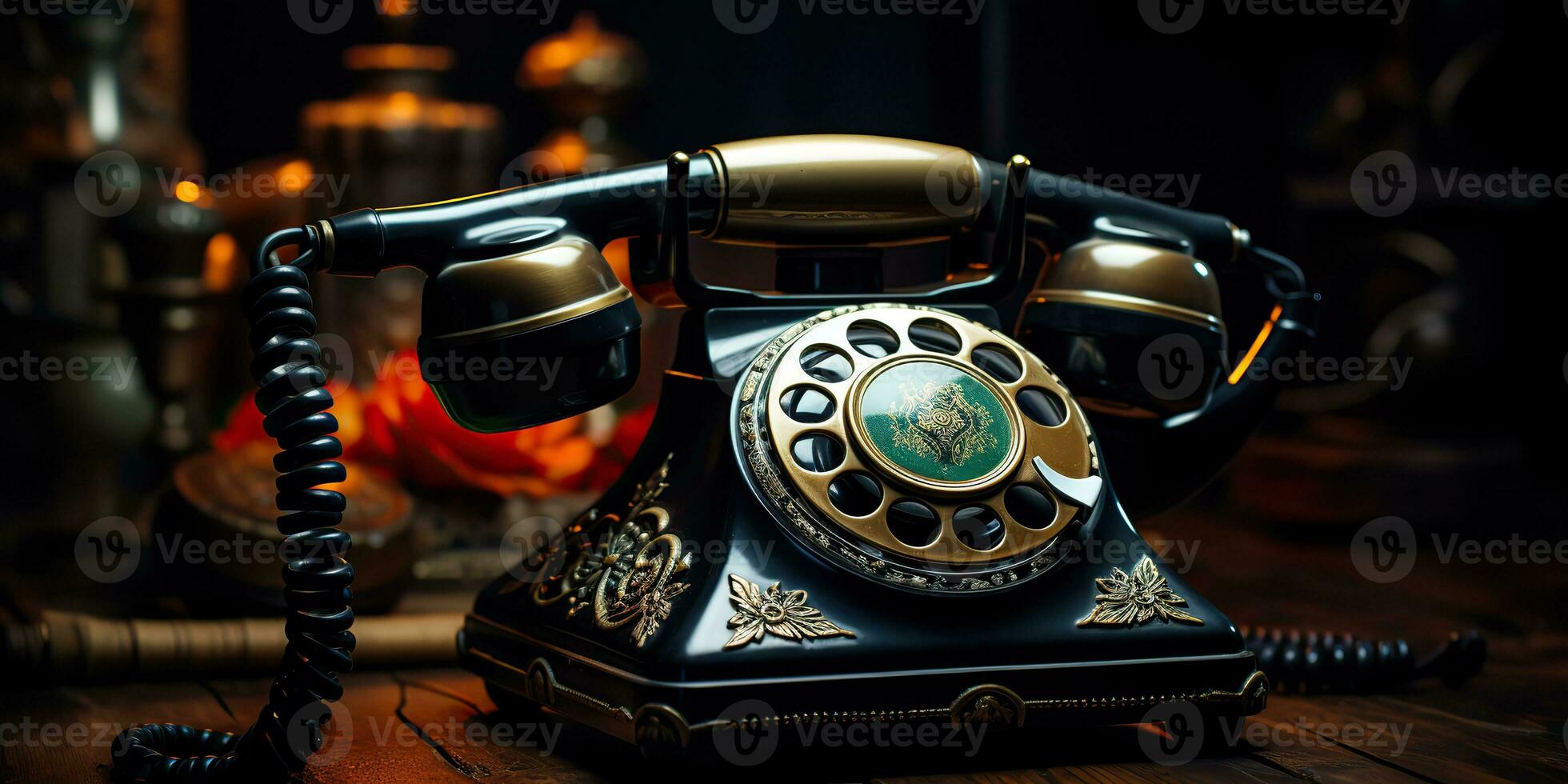 ai gegenereerd. ai generatief. klassiek retro wijnoogst antiek telefoon praten telefoon Aan houten tafel. grafisch kunst foto