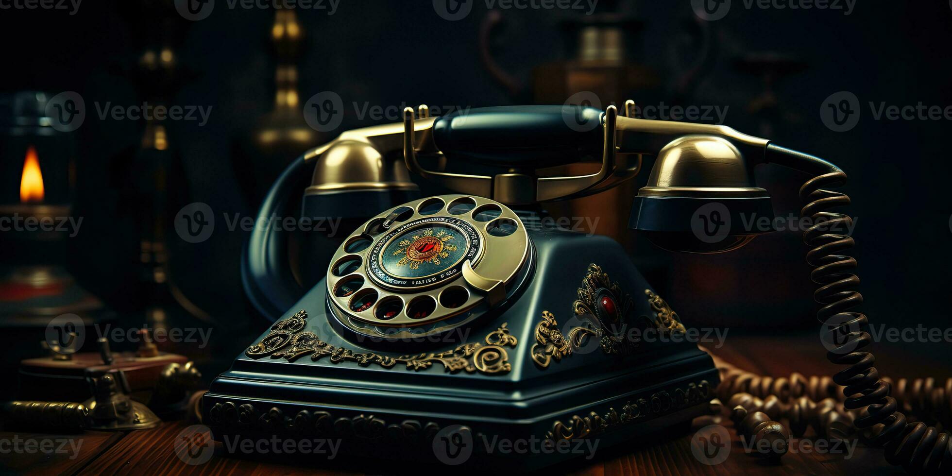 ai gegenereerd. ai generatief. klassiek retro wijnoogst antiek telefoon praten telefoon Aan houten tafel. grafisch kunst foto