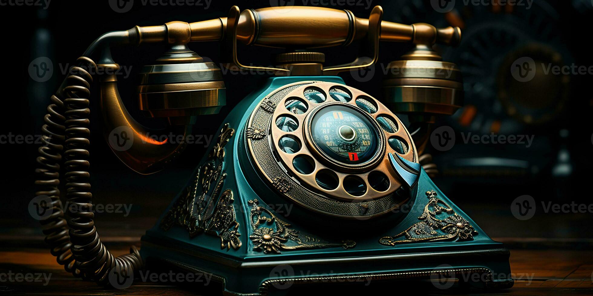 ai gegenereerd. ai generatief. klassiek retro wijnoogst antiek telefoon praten telefoon Aan houten tafel. grafisch kunst foto
