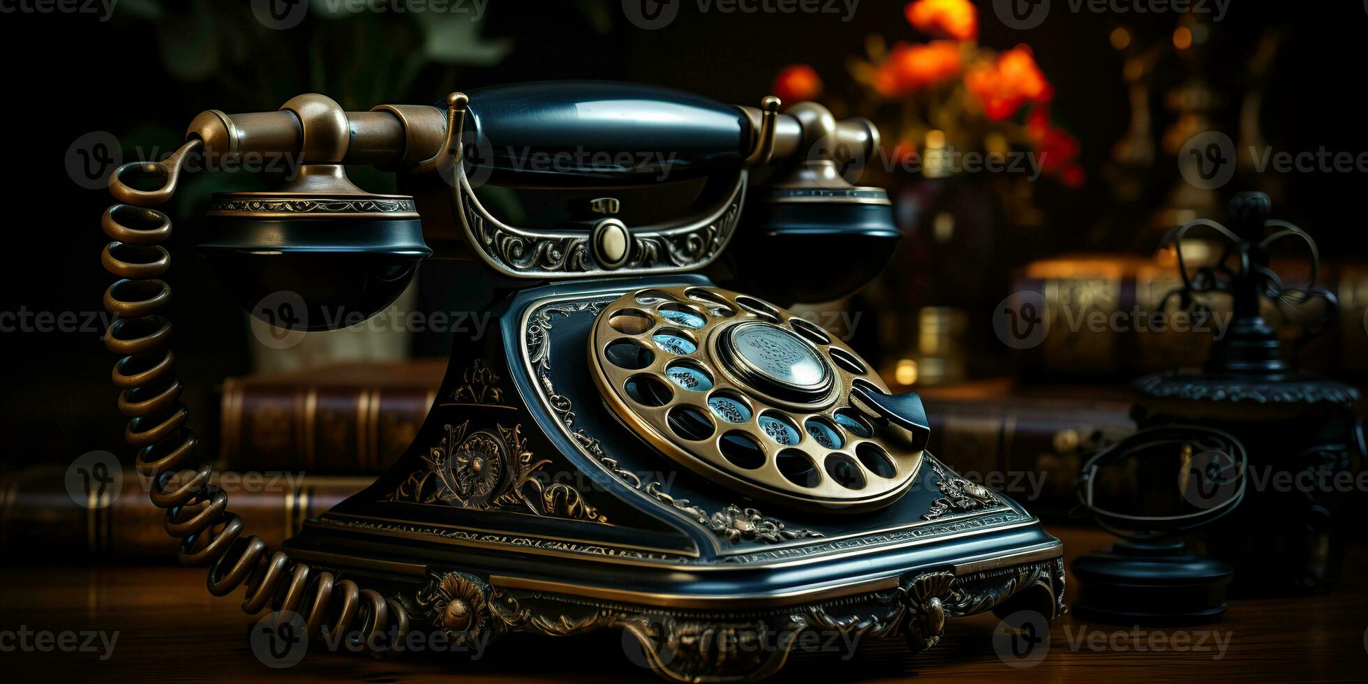 ai gegenereerd. ai generatief. klassiek retro wijnoogst antiek telefoon praten telefoon Aan houten tafel. grafisch kunst foto