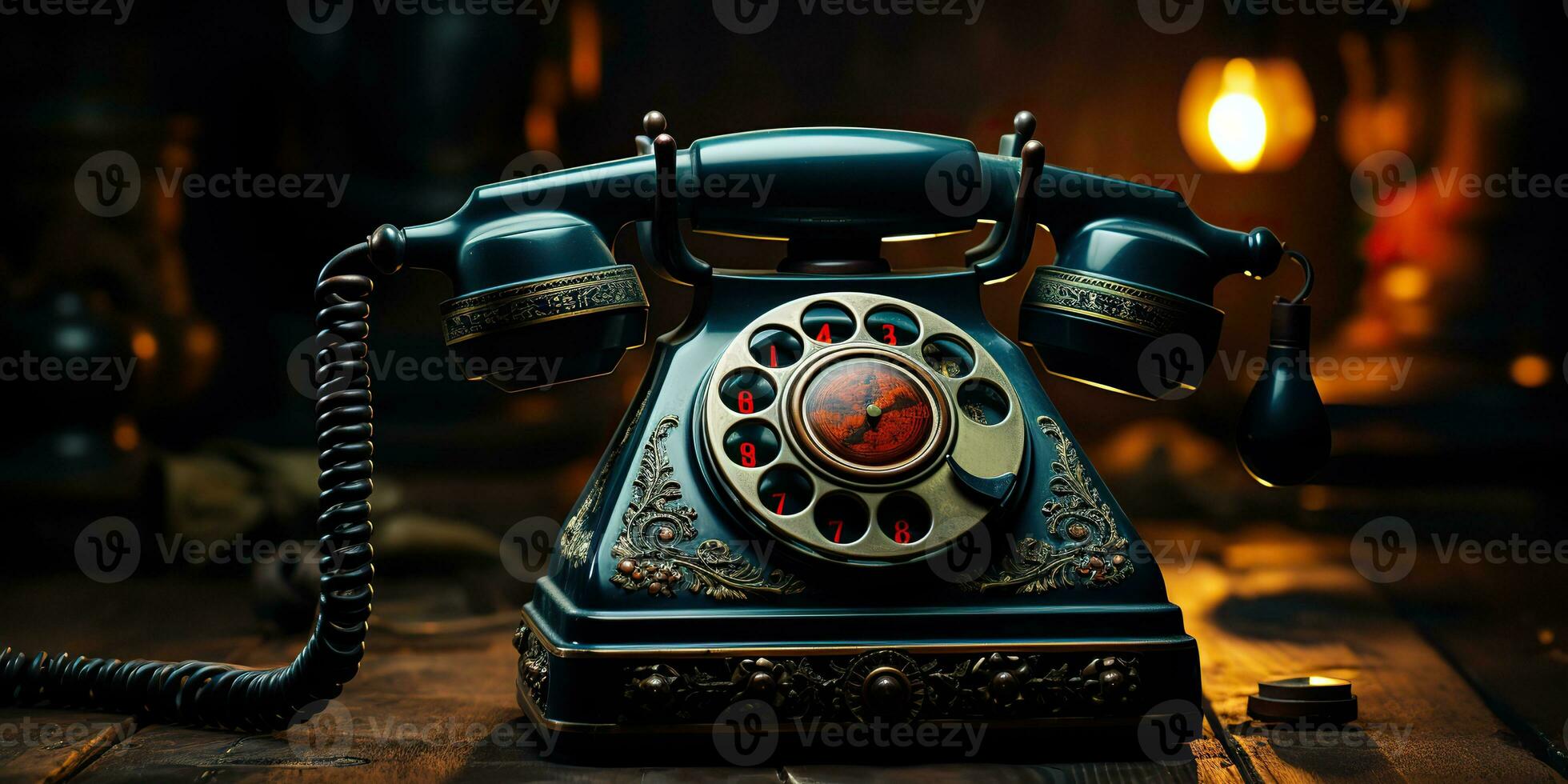 ai gegenereerd. ai generatief. klassiek retro wijnoogst antiek telefoon praten telefoon Aan houten tafel. grafisch kunst foto