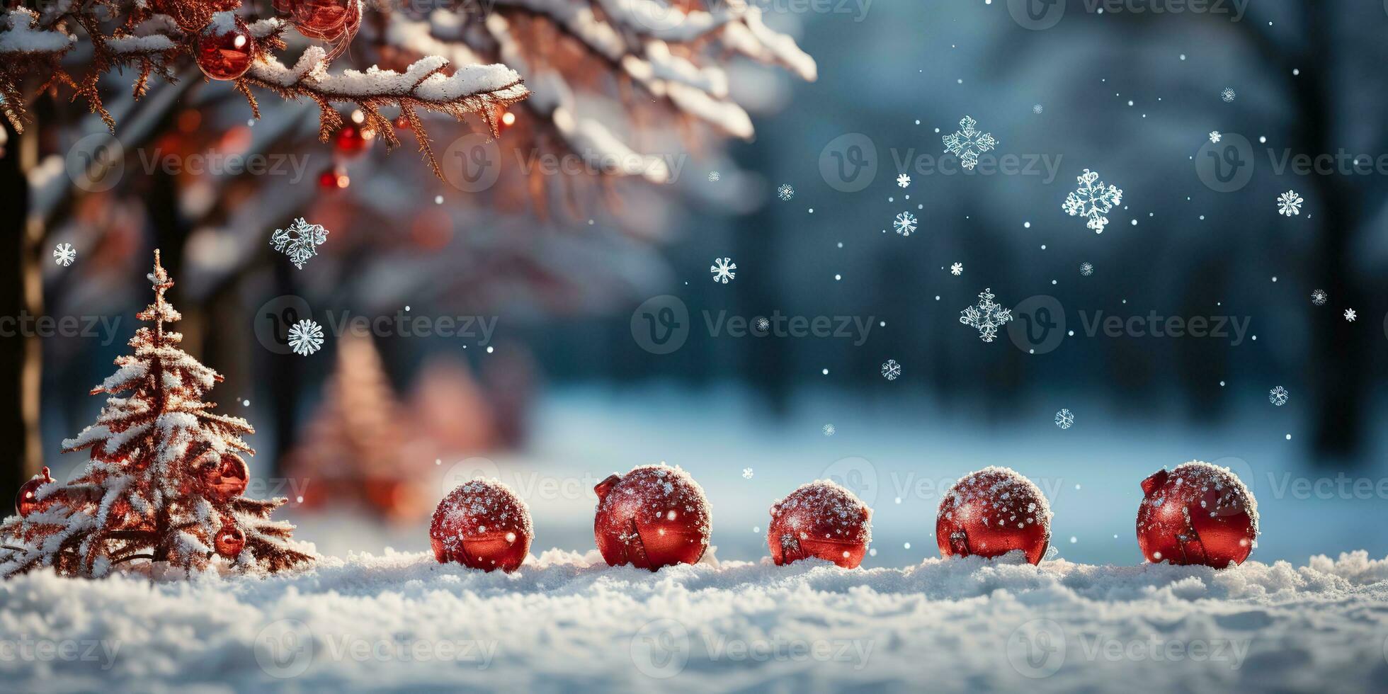 ai gegenereerd. ai generatief. vrolijk Kerstmis nieuw jaar Kerstmis vakantie winter seizoen met buitenshuis boom sneeuw en rood bal geschenken. grafisch kunst foto