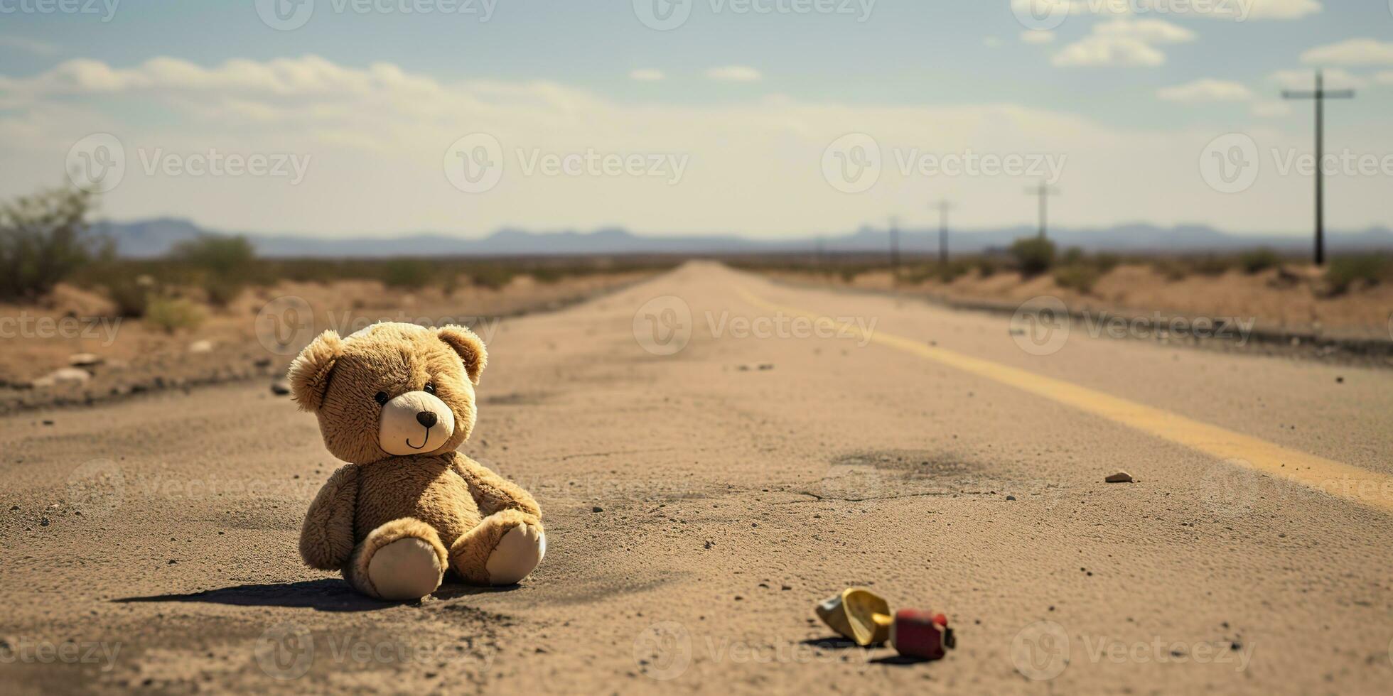 ai gegenereerd. ai generatief. eenzaam gebroken verloren beer dier speelgoed- spel Aan de weg. verdrietig uitstraling achtergrond. grafisch kunst foto