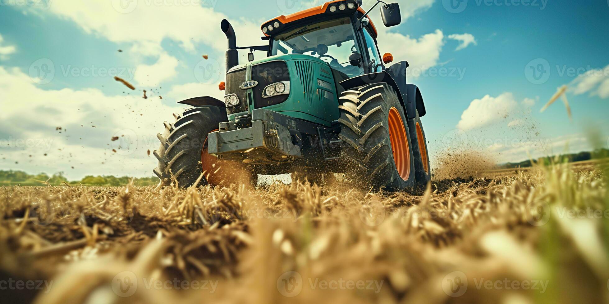 ai gegenereerd. ai generatief. trekker combineren machine oogst veld- landbouw. natuur buitenshuis weide landschap machine industrie. grafisch kunst foto