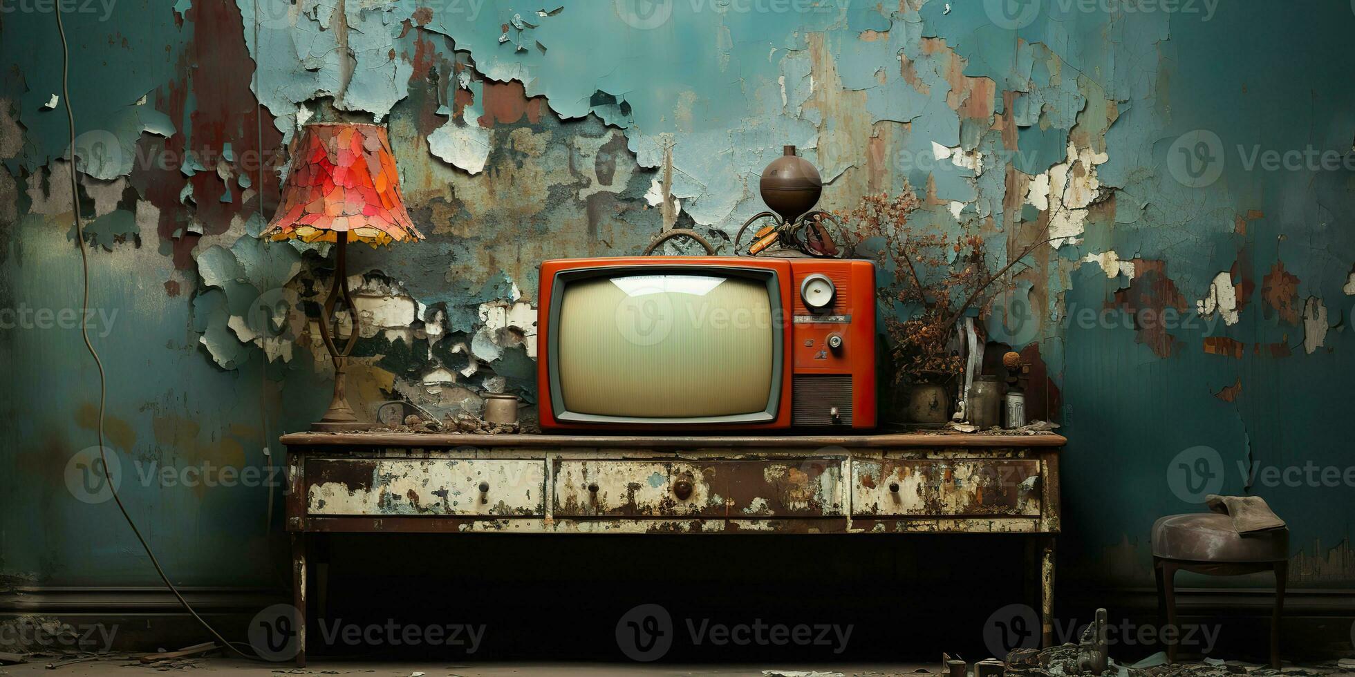 ai gegenereerd. ai generatief. wijnoogst retro oud antiek TV televison doos dichtbij naar de muur achtergrond. grafisch kunst foto