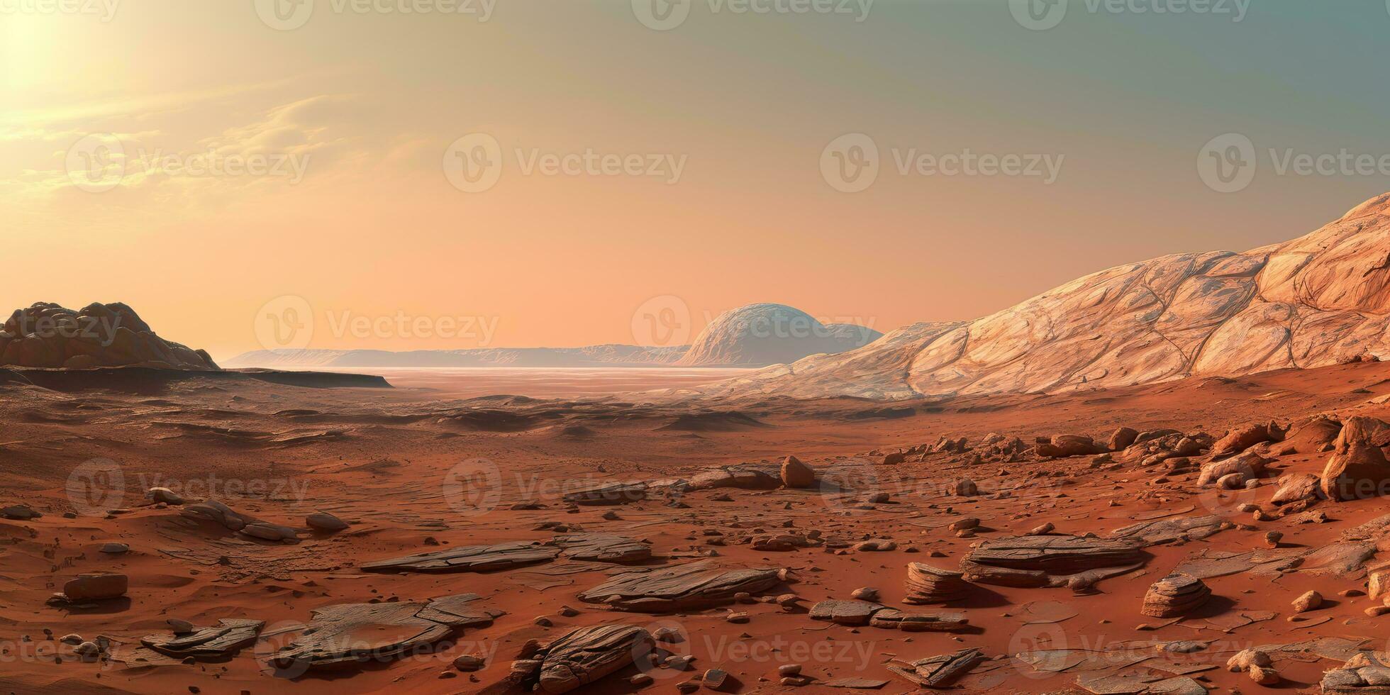 ai gegenereerd. ai generatief. Mars planeet heelal oppervlakte landschap woestijn berg buitenshuis landschap. grafisch kunst foto