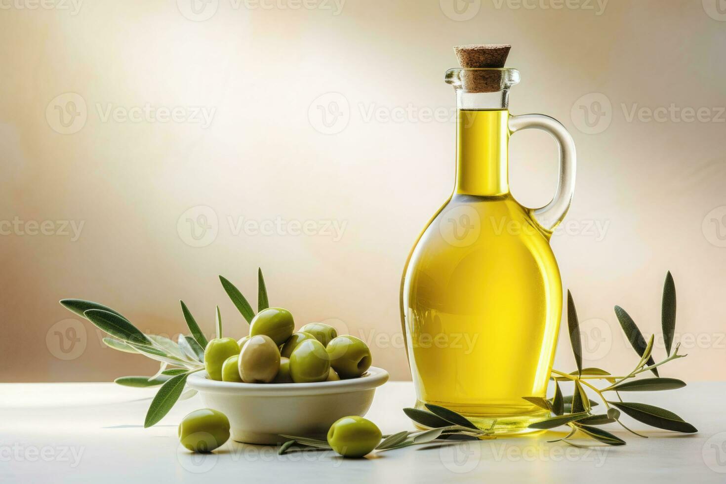 fles van vers extra maagd olijf- olie en groen olijven met bladeren. generatief ai foto