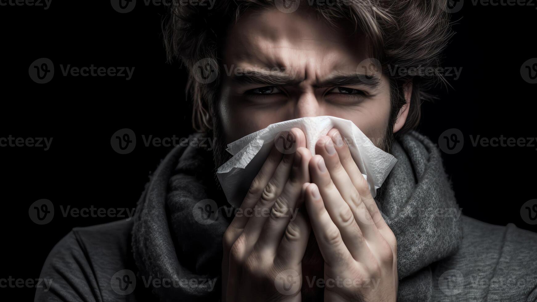 ai generatief ziek Bij werk jong Mens kreeg griep allergie niezen blazen afvegen rennen neus- in zakdoek allergisch vent gevangen verkoudheid Bij baan zittend Bij huis kantoor werkplaats hebben ademhalings ziekte ziek verlaten foto