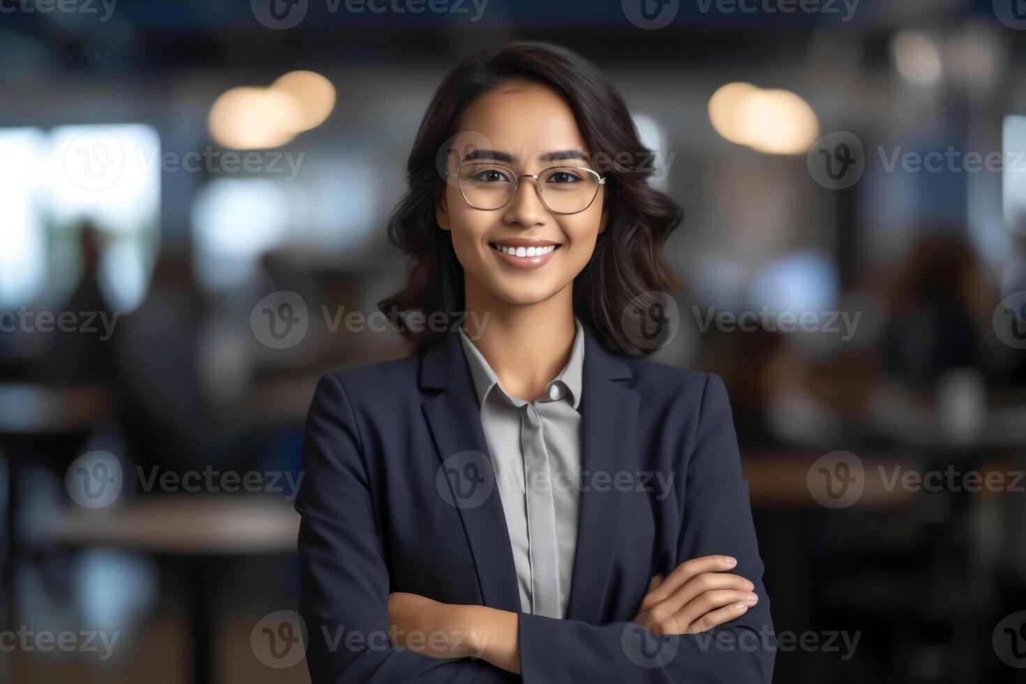 ai generatief jong gelukkig Indisch etniciteit zakelijke personeel lid geslaagd gepromoot werknemer portret zakenvrouw staand met armen gekruiste voelt zelfverzekerd glimlachen op zoek Bij camera foto schieten