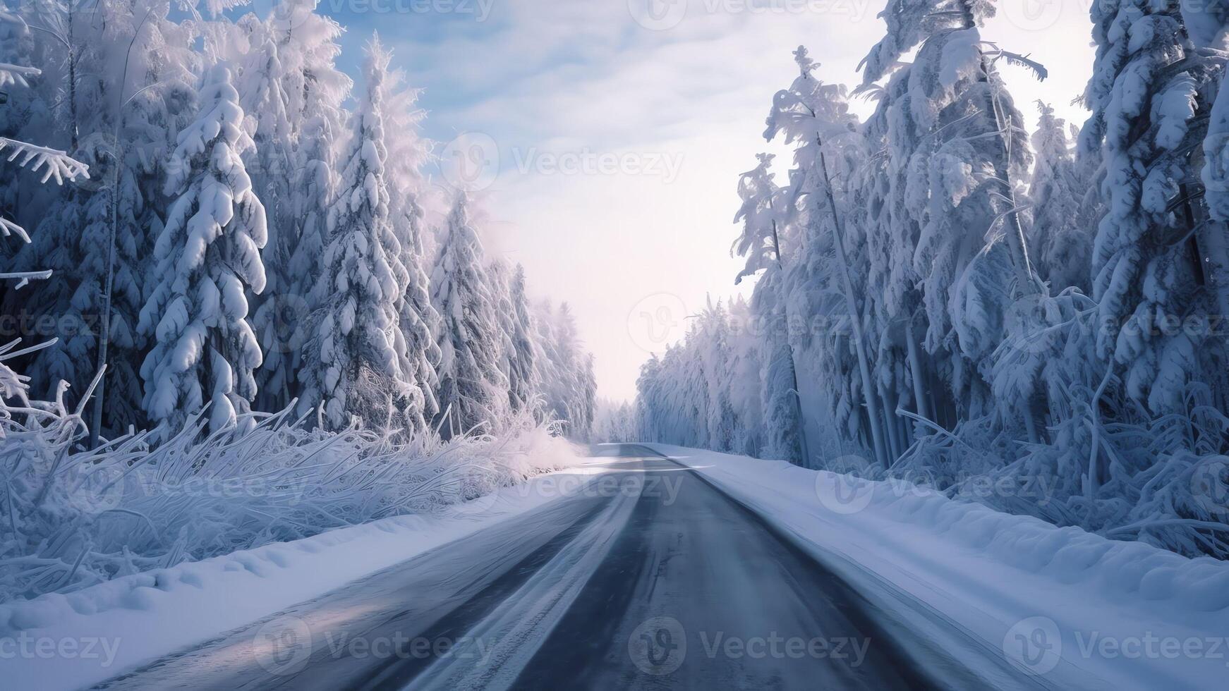 ai generatief de weg in de besneeuwd Woud buitenwijken van de Siberisch stad Rusland eerste sneeuw oktober Siberisch natuur landschap met sneeuw bedekt bomen langs de nat bijhouden foto