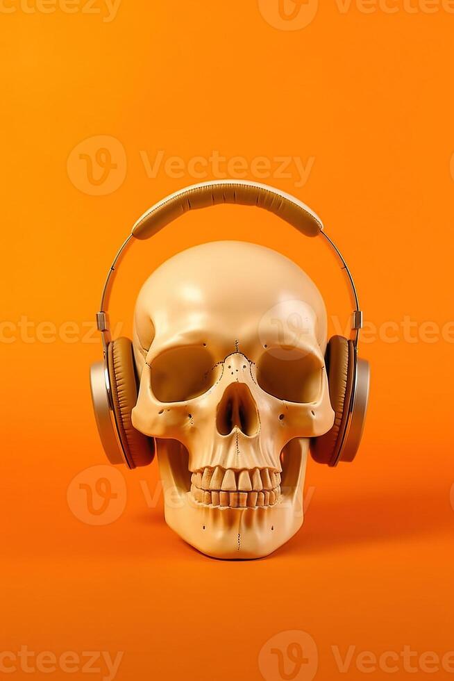 illustratie schedel vervelend koptelefoon Aan oranje achtergrond gemaakt met generatief ai foto