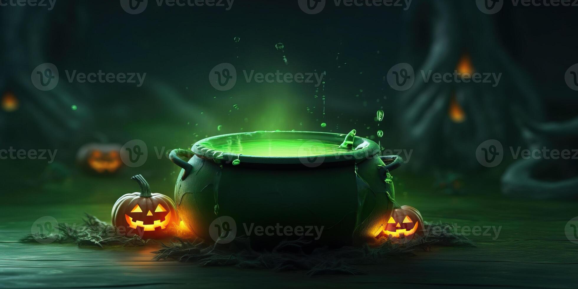 halloween heks ketel met groen vloeistof met jack O lantaarn halloween heks ketel met groen vloeistof met jack O lantaarn gemaakt met generatief ai foto