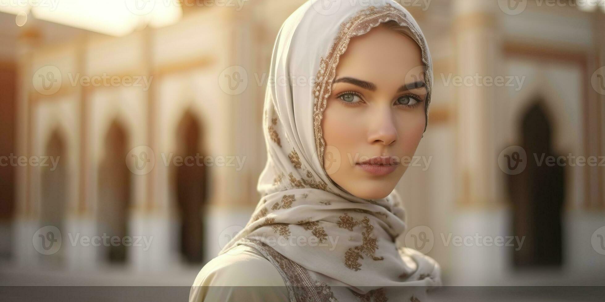 portret mooi vrouw vervelend hijab met licht blootstelling gemaakt met generatief ai foto