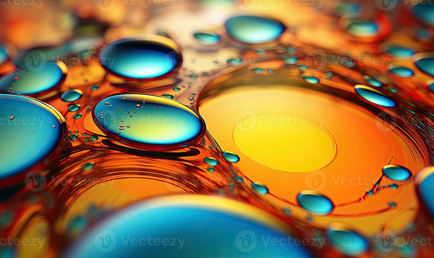 abstract vloeistof behang. druppels van olie Aan de oppervlakte van de water.achtergrond van een chemisch reactie. gemaakt met generatief ai gereedschap foto