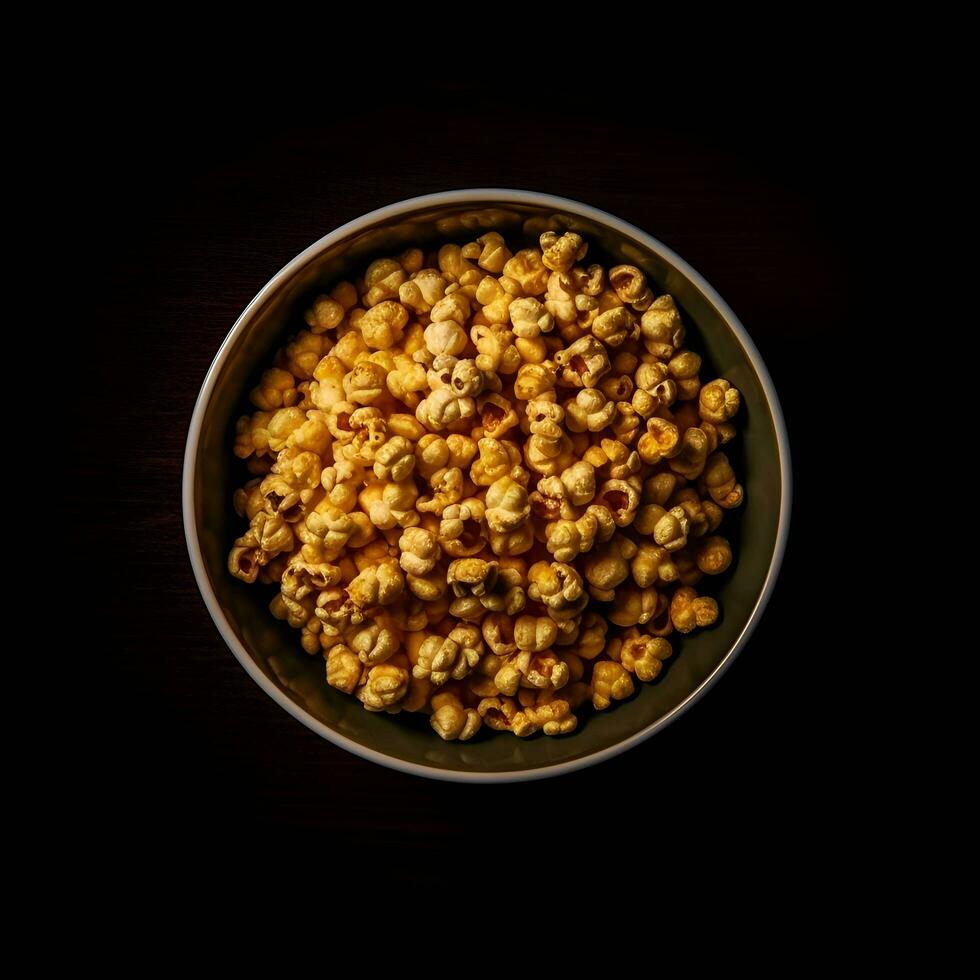 popcorn in een kom Aan een donker achtergrond. afgezwakt. foto
