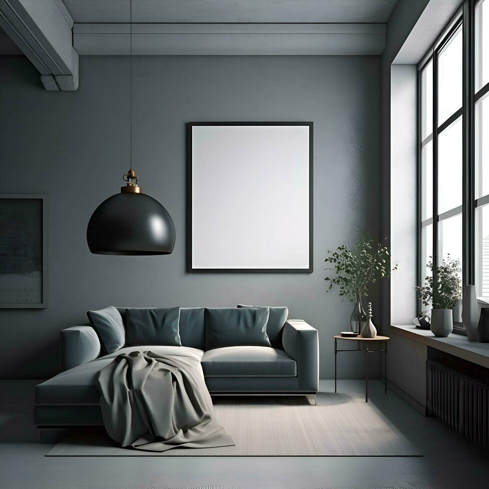 interieur van modern leven kamer met grijs muren beton verdieping grijs sofa staand in de buurt zwart koffie tafel en verticaal bespotten omhoog poster kader. 3d renderen foto