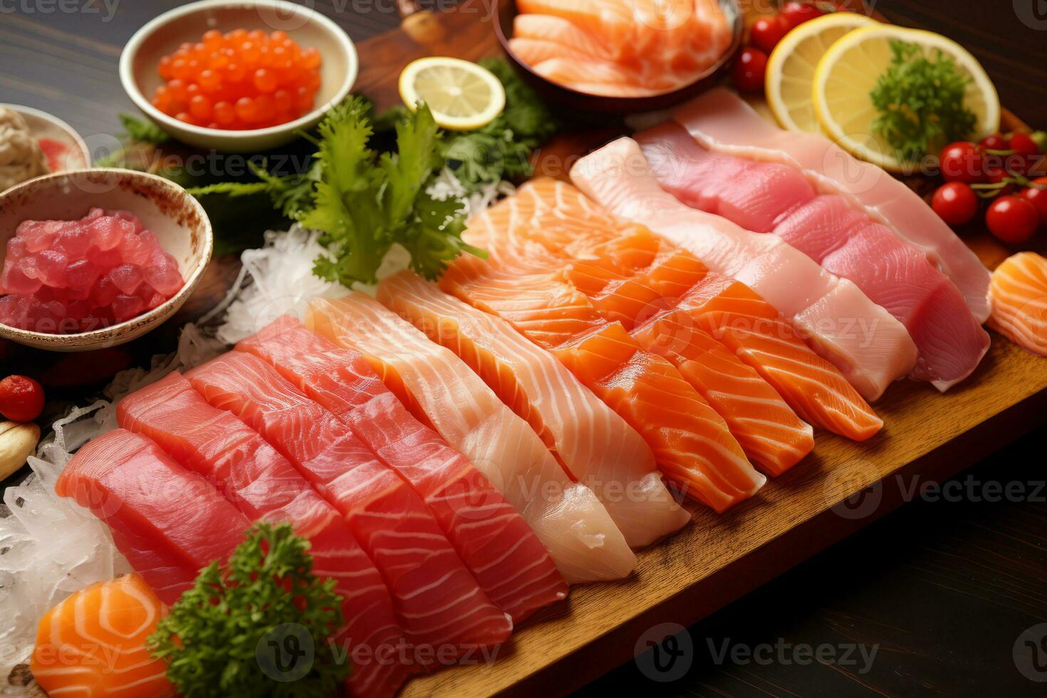 detailopname top visie van ingrediënten sashimi set, Zalm, tonijn, Japans voedsel. ai gegenereerd. foto