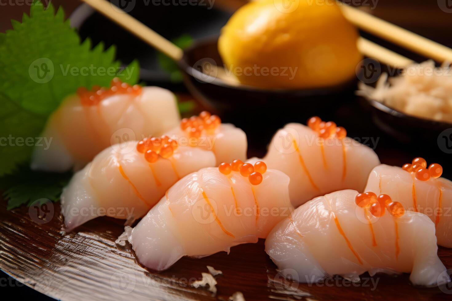 detailopname top visie van ingrediënten coquille, Japans voedsel. ai gegenereerd. foto