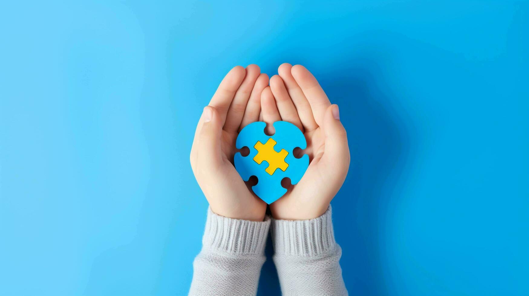 handen Holding puzzel hart Aan licht blauw achtergrond, ai generatief foto