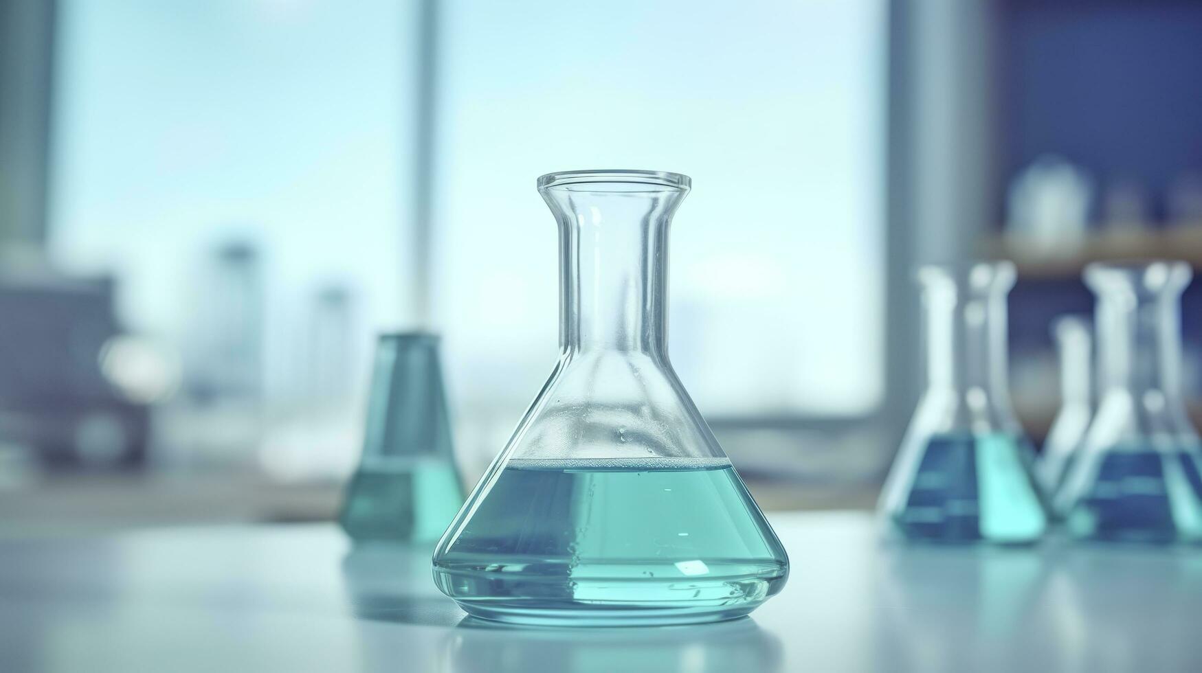 een wetenschap beker in de laboratorium Aan een tafel wit en licht blauw achtergrond. laboratorium uitrusting uit van focus. ai generatief foto