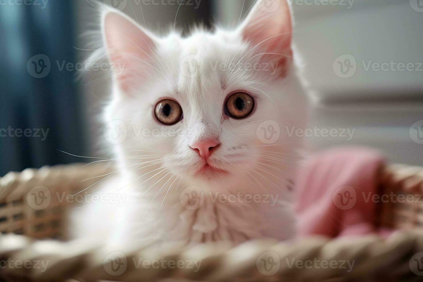 schattig jong wit katje in een mand. gegenereerd ai. foto