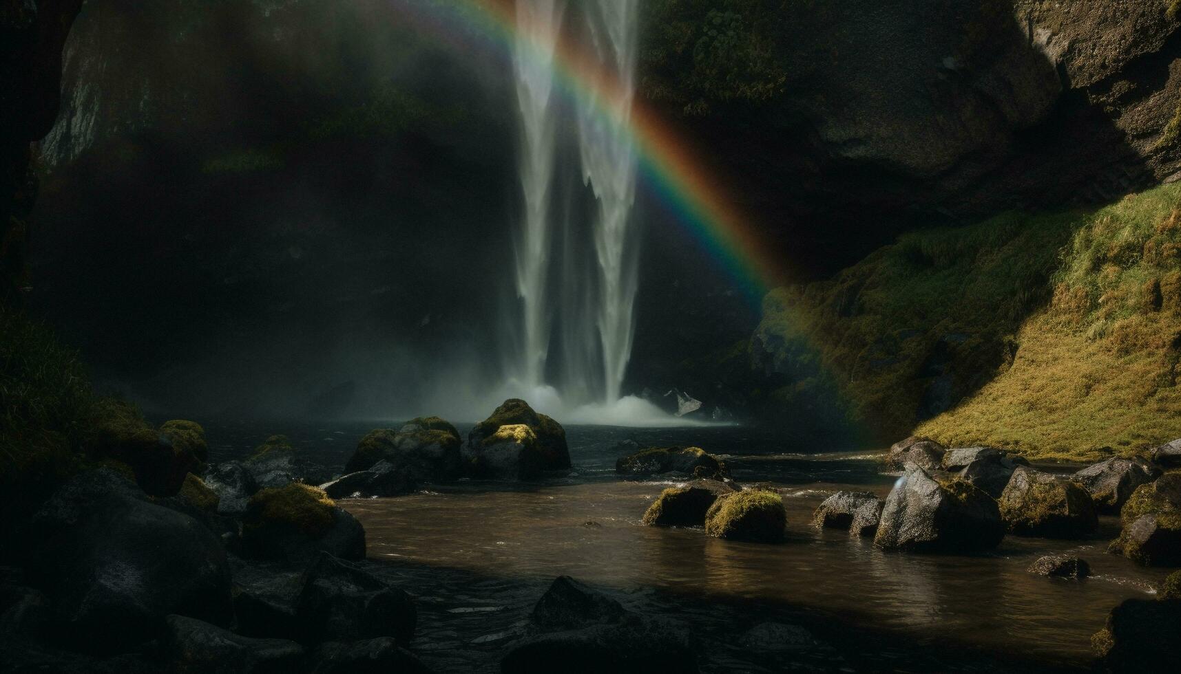 vloeiende water, regenboog, majestueus berg, idyllisch landschap gegenereerd door ai foto