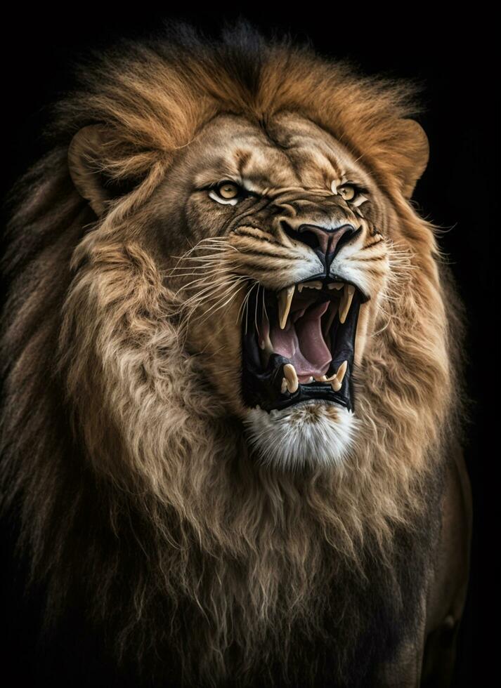 vrij tijger of leeuw portret donker achtergrond. ai gegenereerd foto