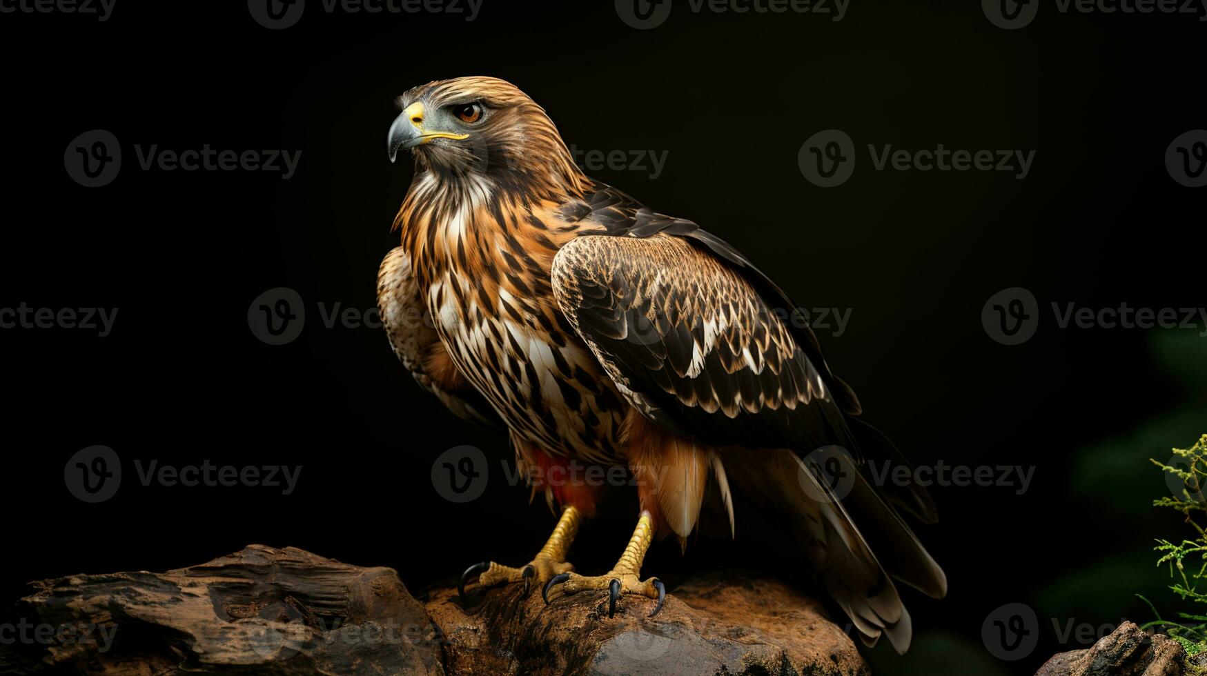 intens vogel van prooi staren, detailopname van roodstaart havik ogen en vol lichaam Aan een dramatisch zwart achtergrond, onthullend van de natuur wonderen, ai generatief foto