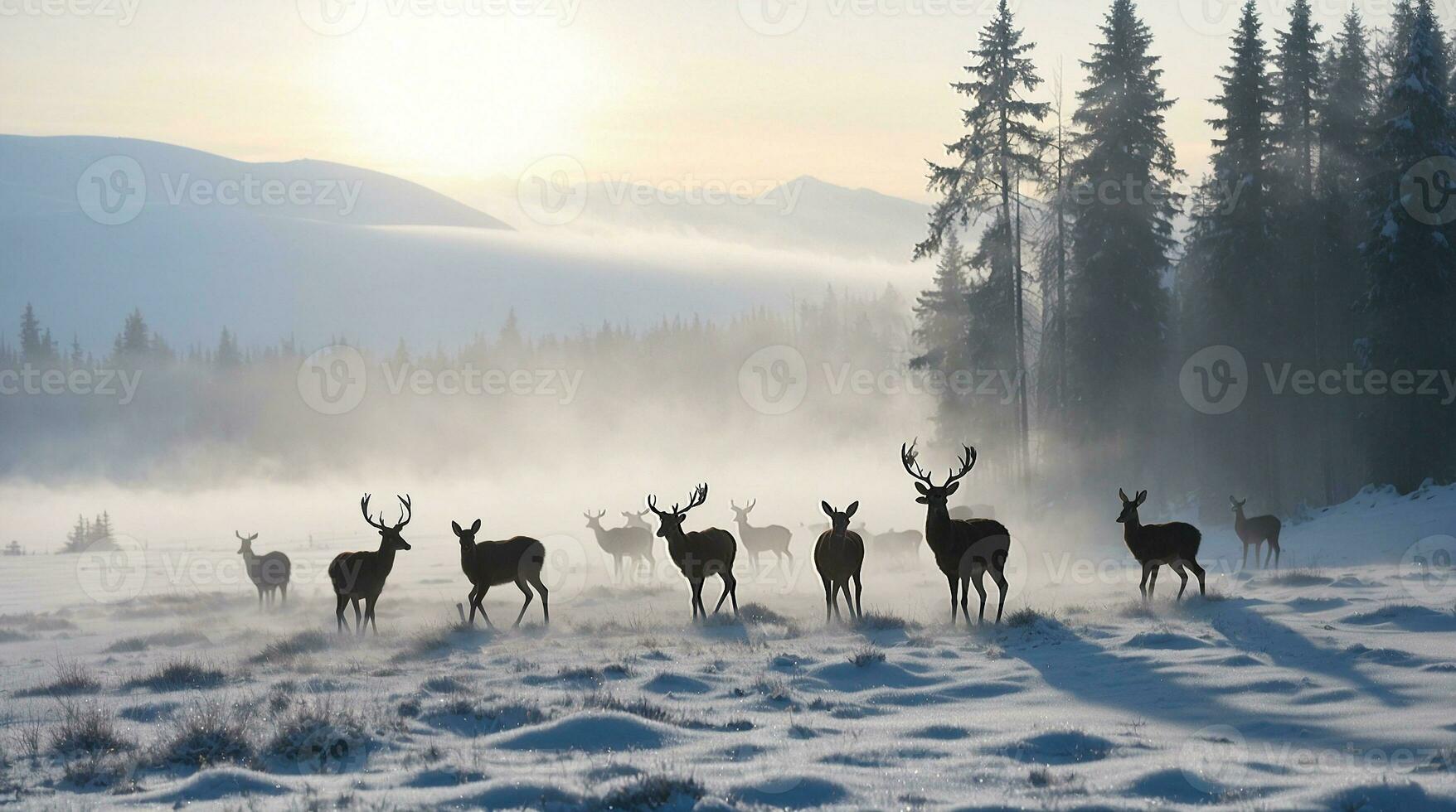 mooi verkoudheid ochtend- winter sneeuw achtergrond met bomen Woud en berg in de achtergrond, voorzichtig sneeuw visie tegen de blauw lucht, vrij ruimte voor uw decoratie foto