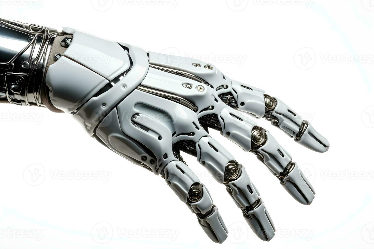 mechanisch robot hand- en metaal arm, ai gegenereerd foto