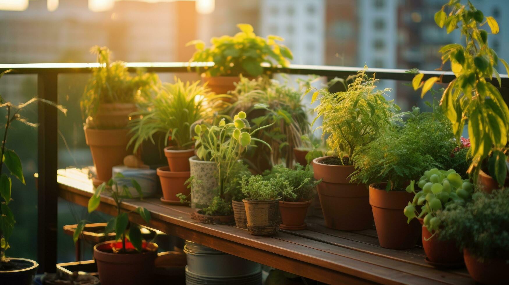 terras met ingemaakt planten en bloemen foto