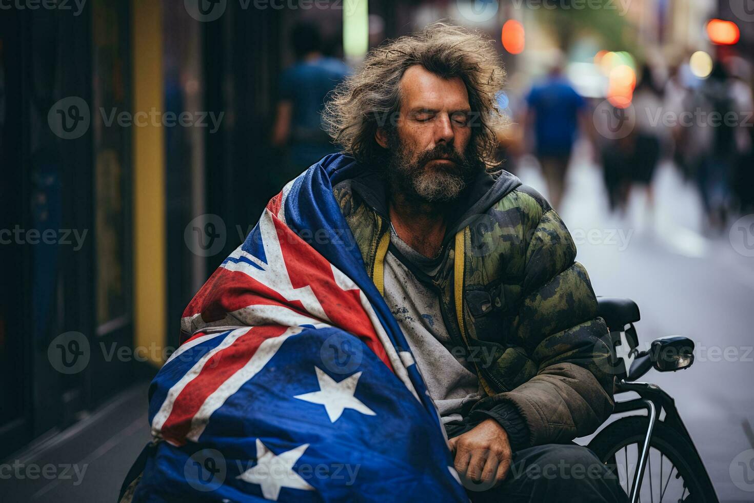 dakloos Mens slapen Aan de trottoir verpakt in de Australië vlag foto