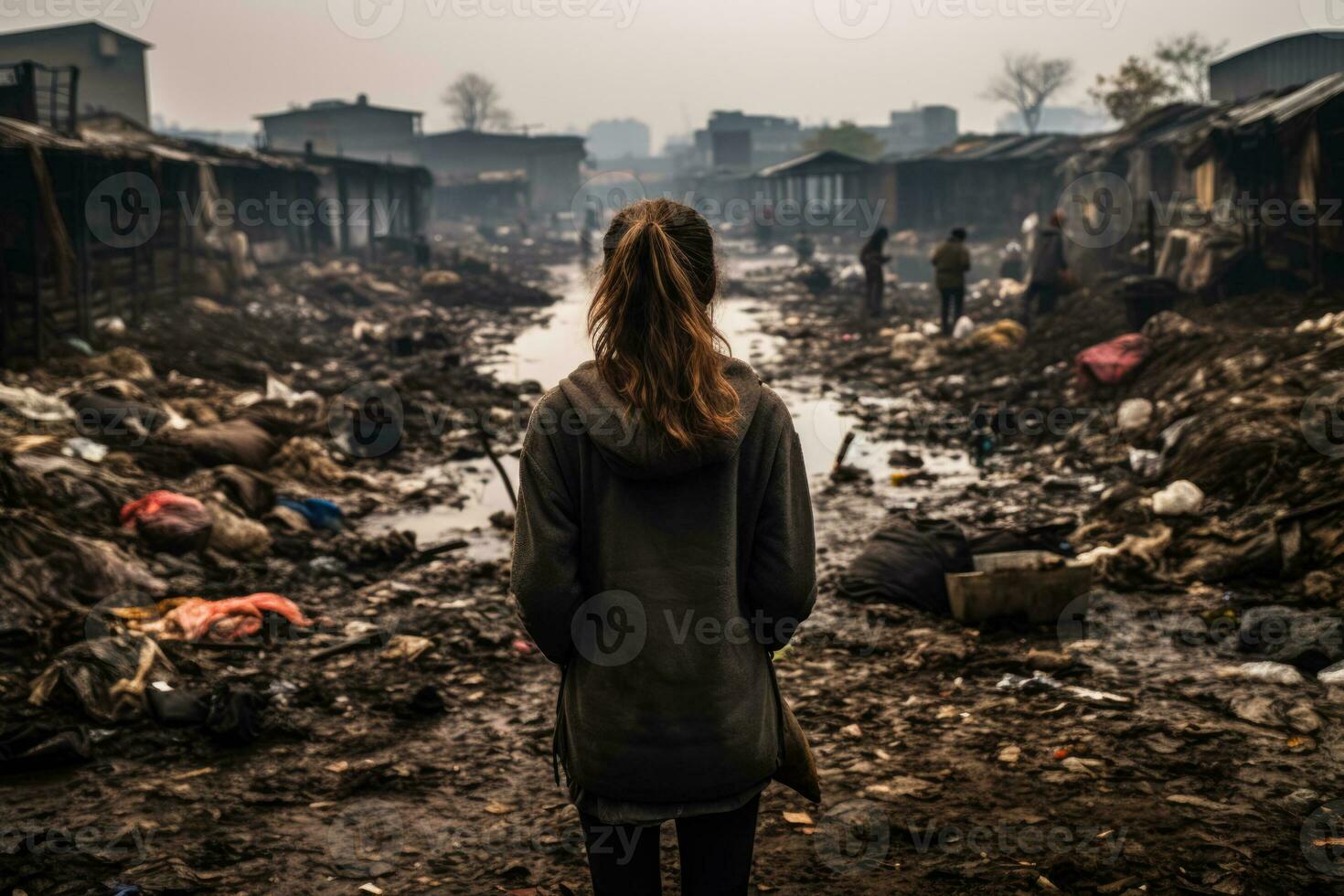 hongerig vrouw Aan de sloppenwijk wijk terug visie foto