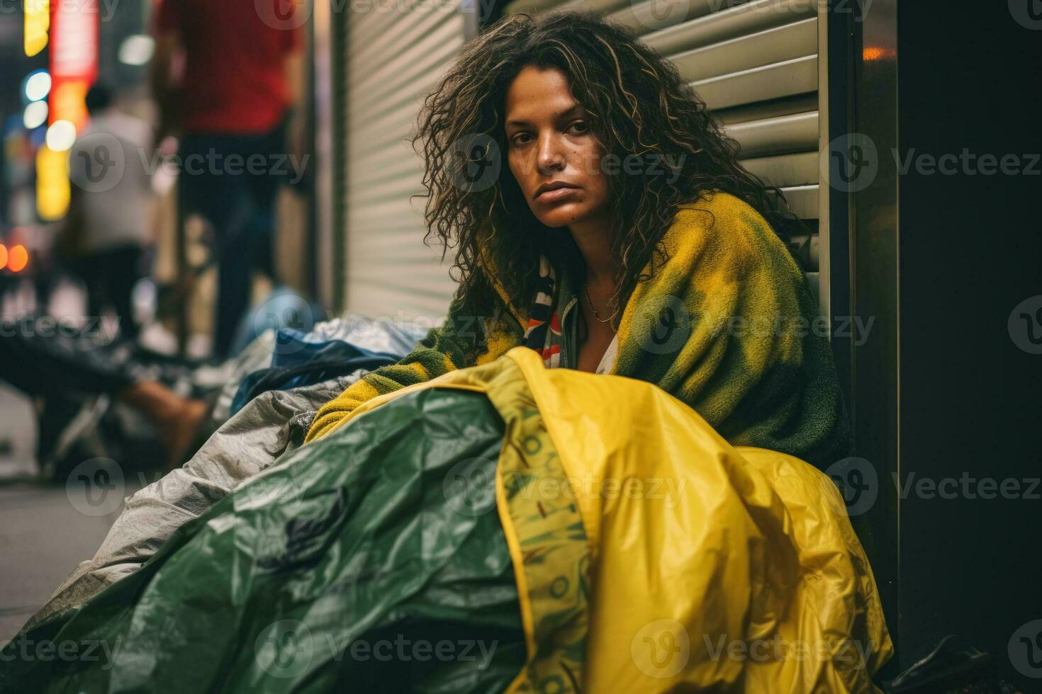 dakloos vrouw slapen Aan de trottoir verpakt in de Brazilië vlag foto