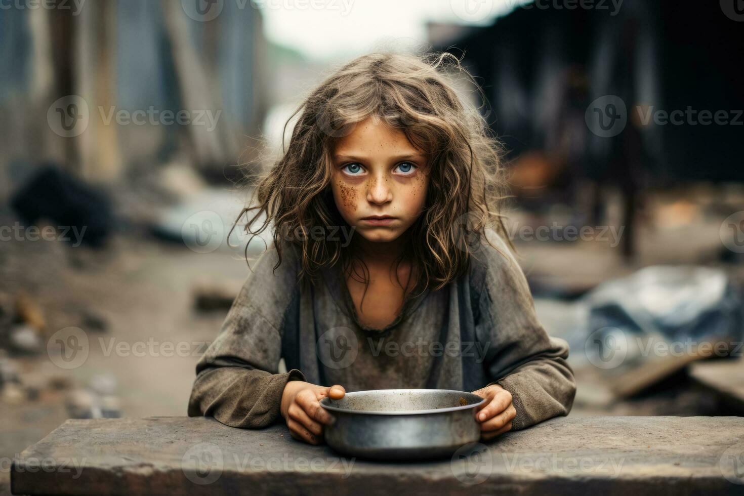hongerig uitgehongerd arm weinig kind op zoek Bij de camera foto