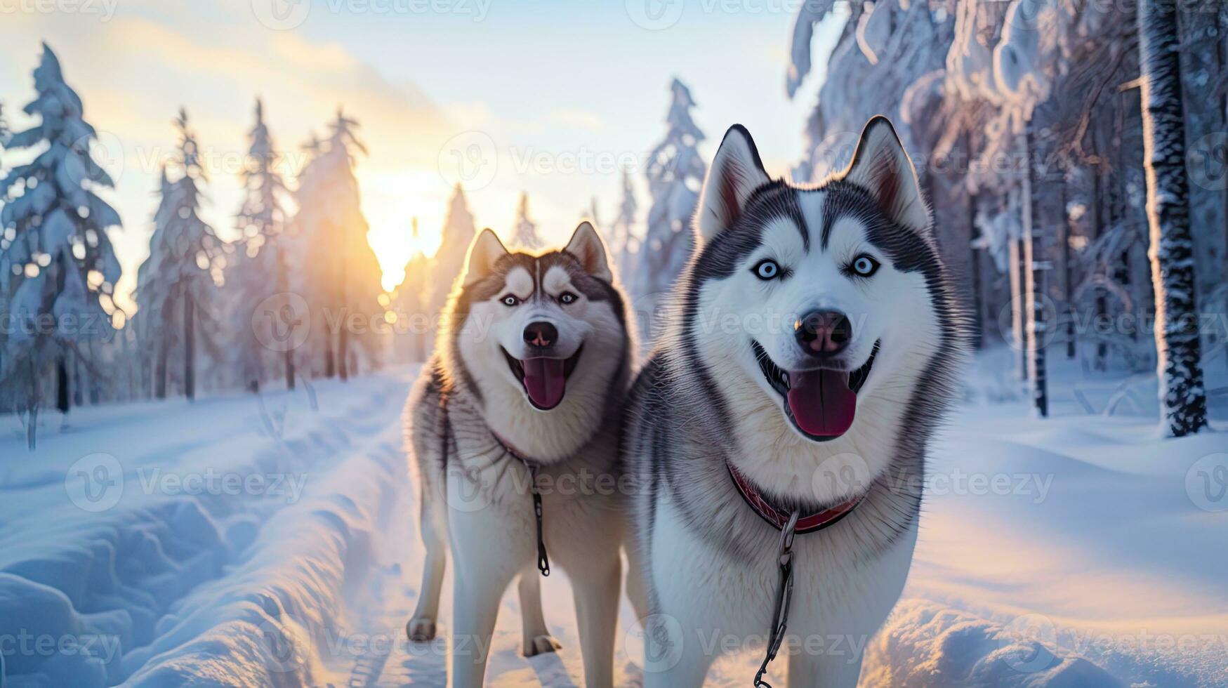 slee hond Siberisch schor is het rijden een slee door een winter met sneeuw bedekt Woud gemaakt met generatief al technologie foto