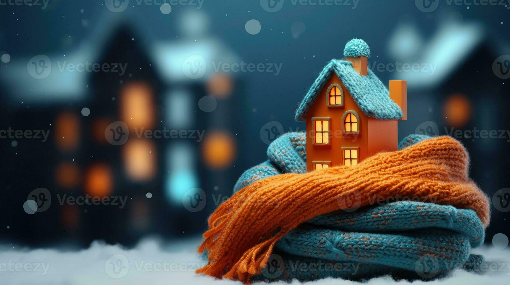 huis met gebreid sjaal, symbool voor verwarming systeem of verkoudheid besneeuwd winter. verwarming seizoen, warm omhoog, beschermen concept gemaakt met generatief al technologie foto